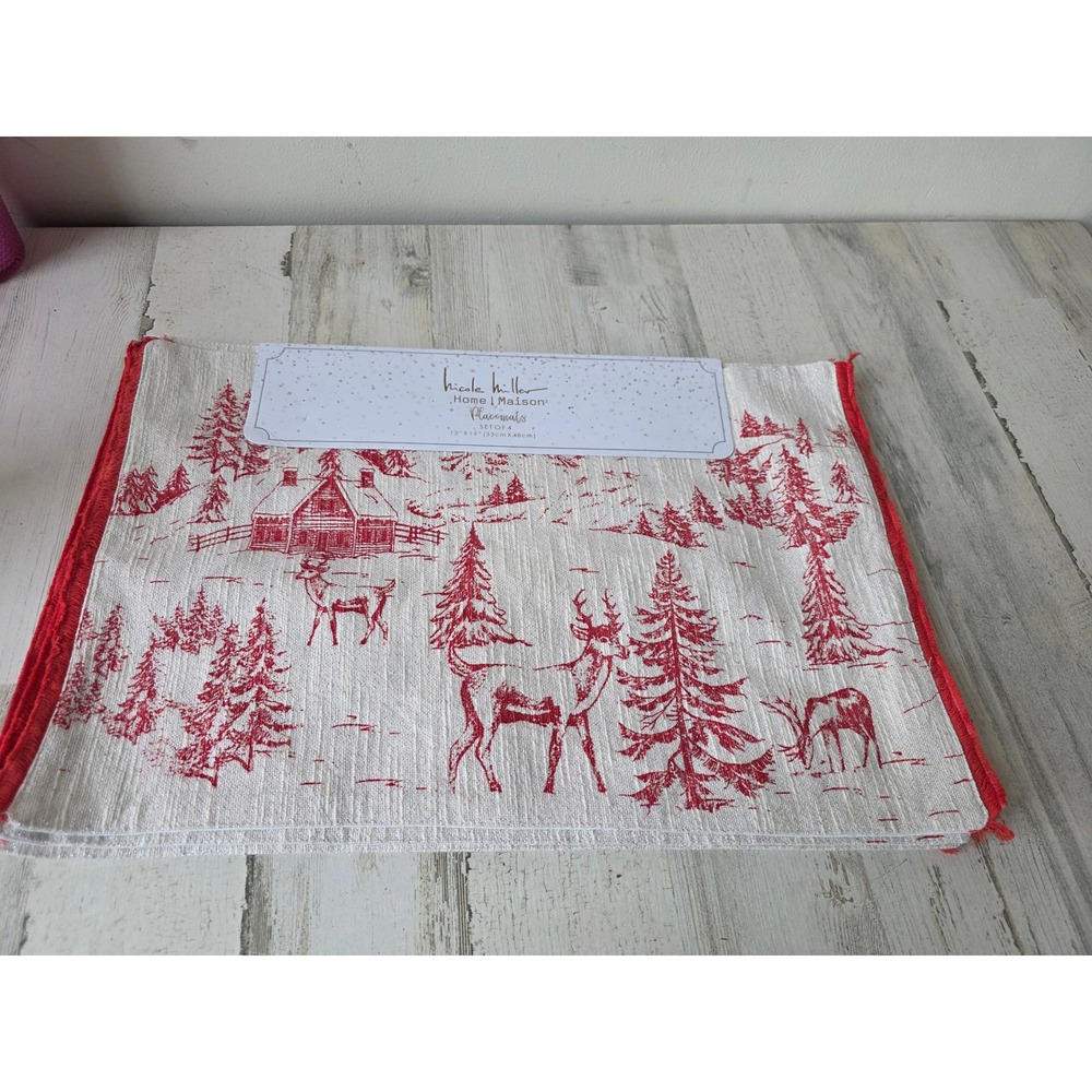 Nicole Miller reindeer glitter‎ red placemats new deer cottage tree rustic Xmas